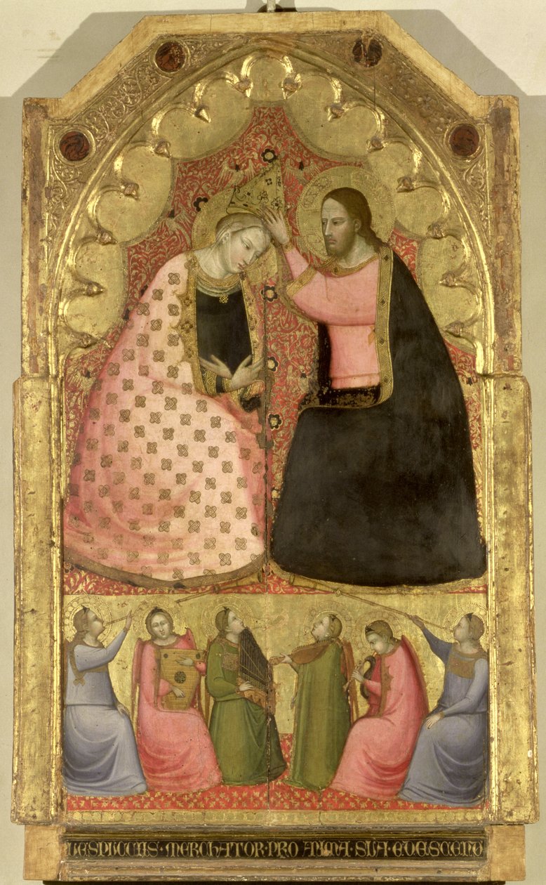 Jomfruens kroning, altertavle med et predella-panel, der forestiller engle, der spiller på musikinstrumenter, florentinsk (panel) af Italian School
