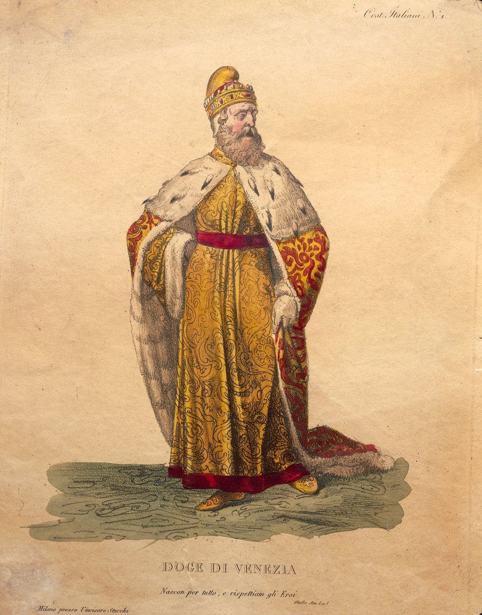 Kostume til Doge af Venedig, fra "Othello" af Gioachino Rossini (håndkoloreret litografi) af Italian School