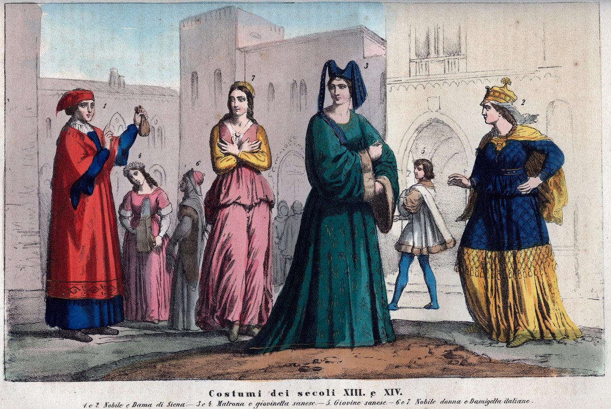 Kostumer i Siena mellem XIII og XIV århundrede - tøj i Siena mellem XIII og XIV århundrede - gravering fra "" Usi e Costumes of All Peoples of the Universe. Det er historien om regeringen, lovene, militsen, om religionen for alle n af Italian School