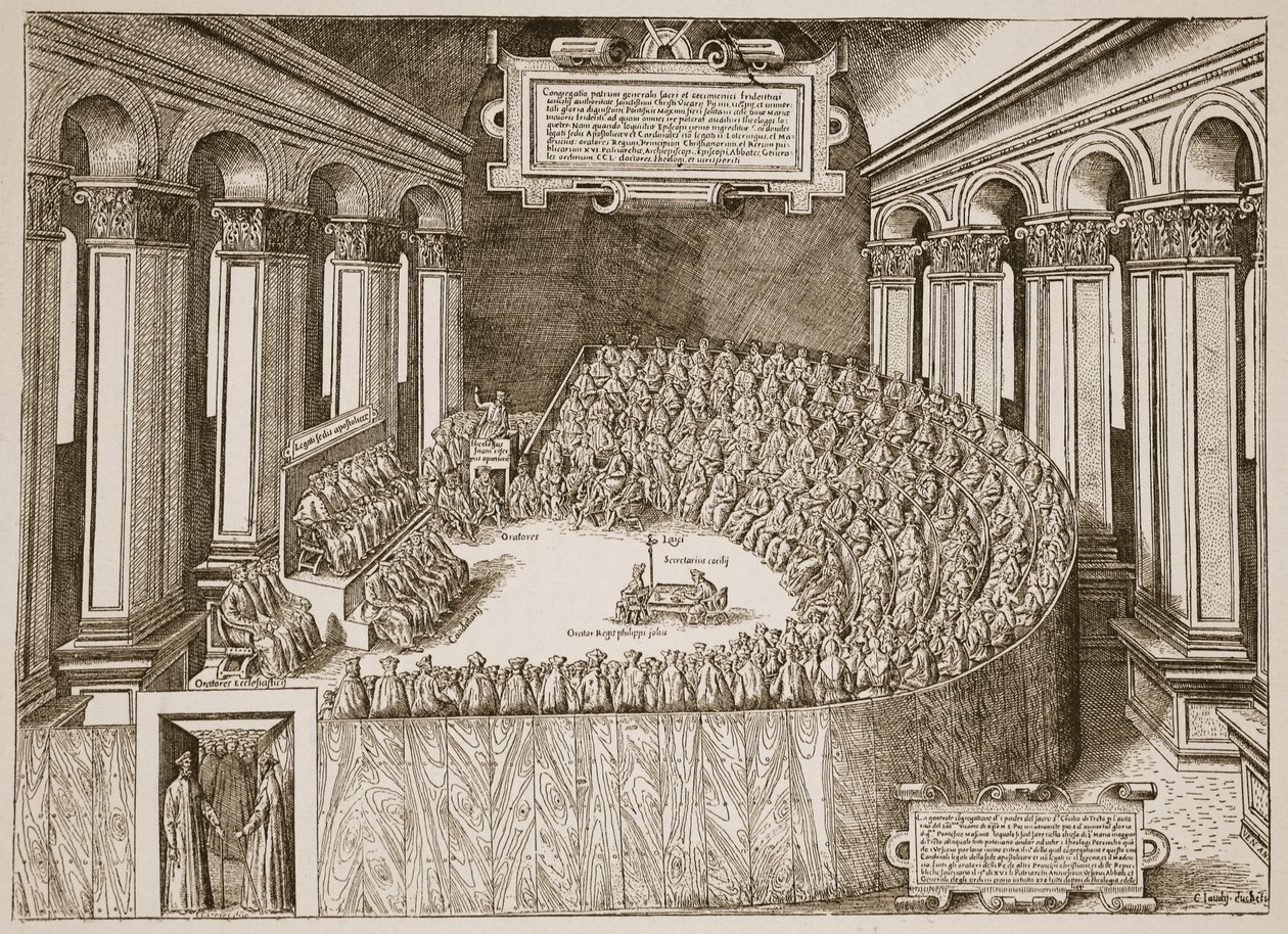 Council of Trent, 1563, fra en radering udgivet i Venedig i 1565, illustration fra The Church of England: A History for the People af H.D.M. Spence-Jones, pub. ca. 1910 (sepiafoto) af Italian School