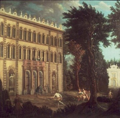 Landhus med elegante figurer (et af et par) af Italian School
