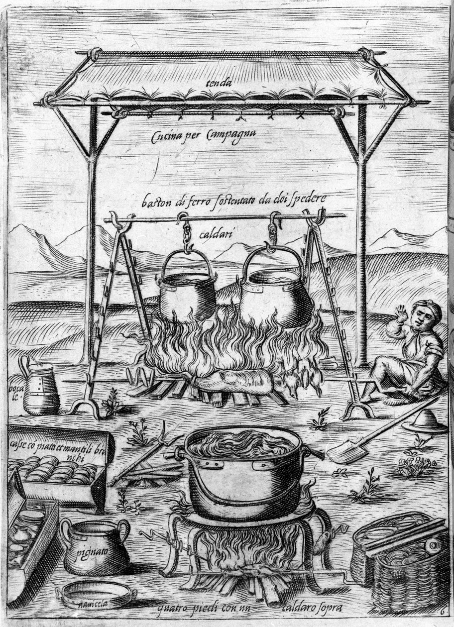 Landkøkken: gryder og gryder sættes i brand. Gravering fra "Opera", bog om gastronomi opdelt i 6 dele, af Bartolomeo Scappi, personlig kok af pave Pius V. Venedig af Italian School