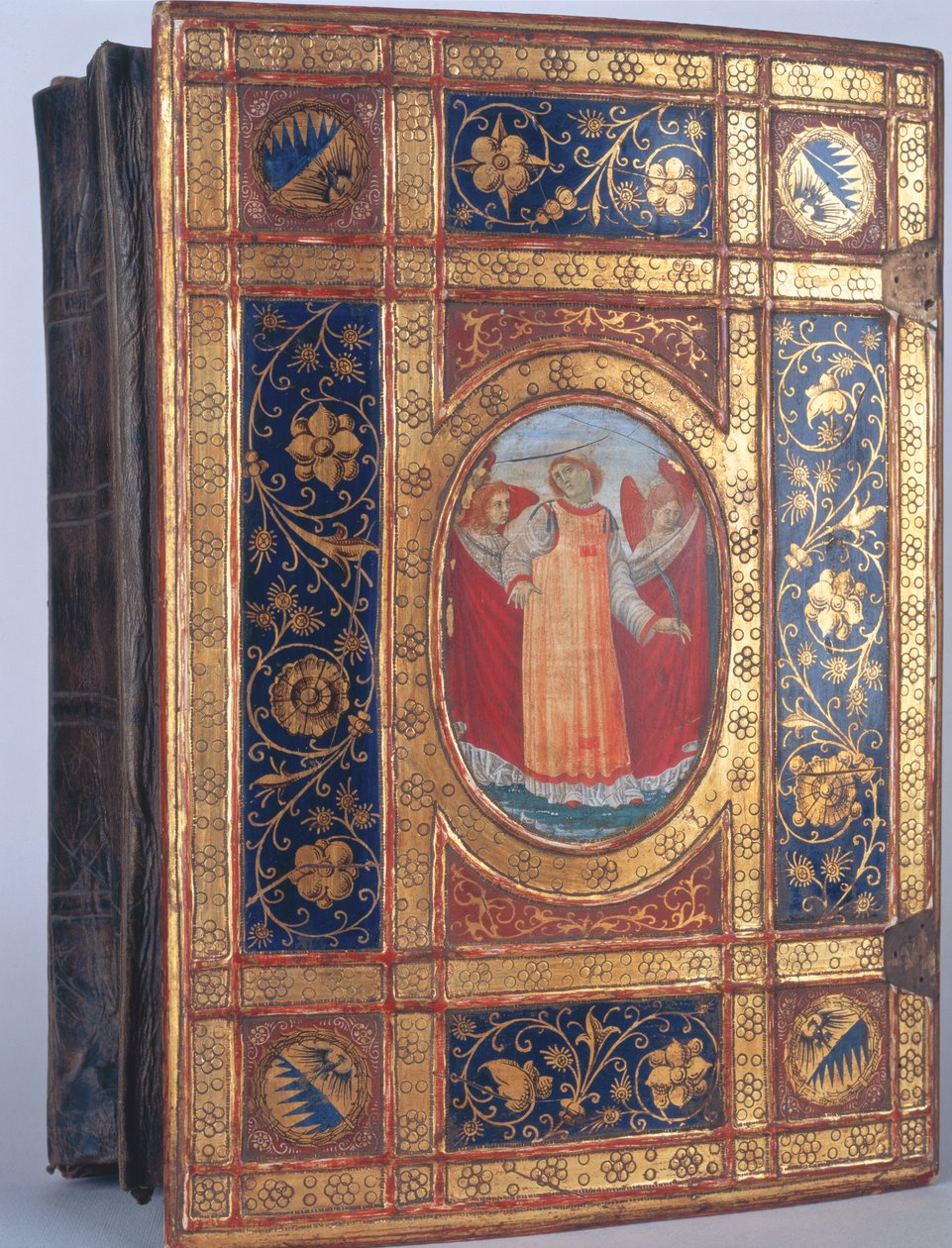 Omslag af et italiensk manuskript med St. Lawrence (bladguld & polykrom på træ) af Italian School