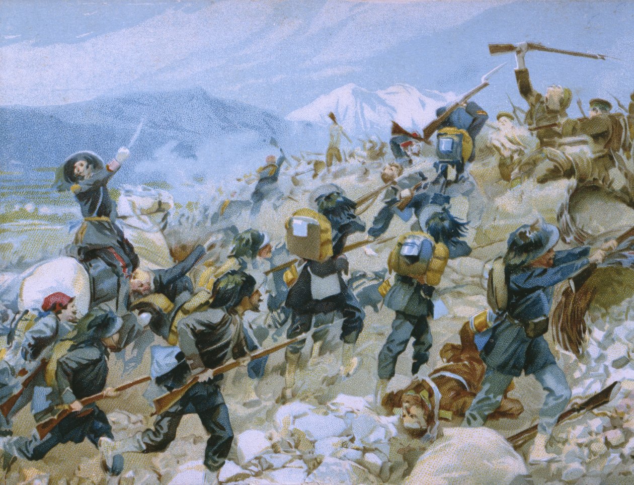 Krimkrigen og slaget ved Chernaya, 16. august 1855, illustration fra et album om Risorgimentos historie lavet til chokoladen Talmone, slutningen af det 19. århundrede af Italian School
