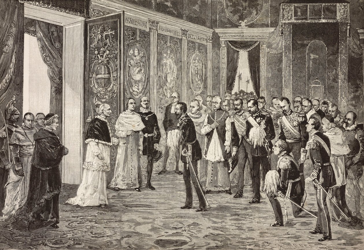 Kronprins af Tyskland (fremtidig Frederik III) modtages af pave Leo XIII i tronsalen, Vatikanet, gravering fra tegning af Ximenes fra skitse af Dal Don, fra L