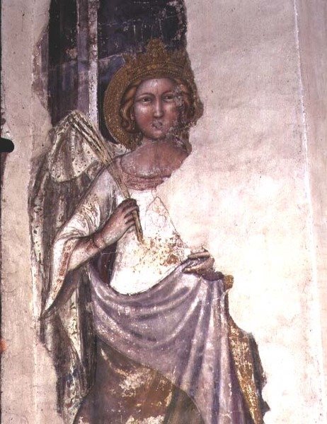 Kronet figur med et palmeblad, muligvis en engel (fresko) af Italian School