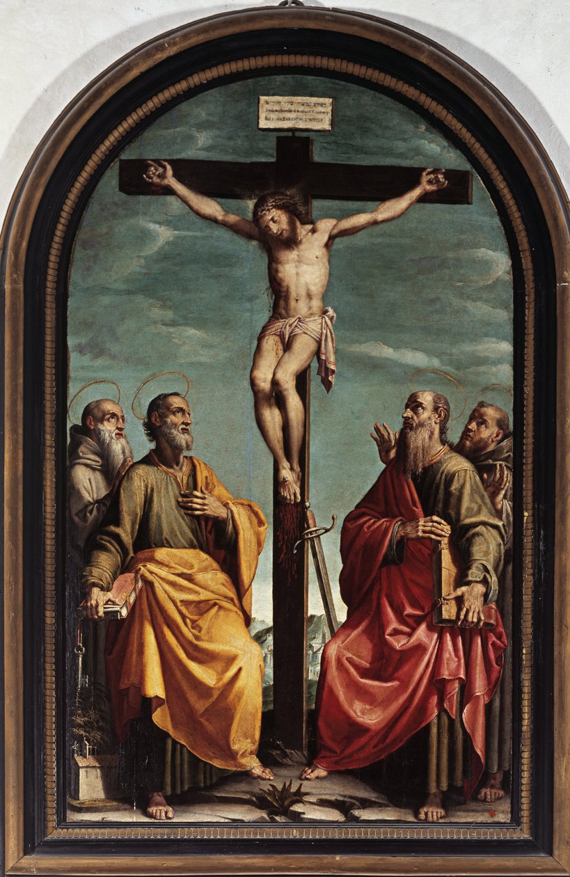 Korsfæstelse med Sankt Peter, Paul, Romualdo og Frans (olie på lærred af Italian School