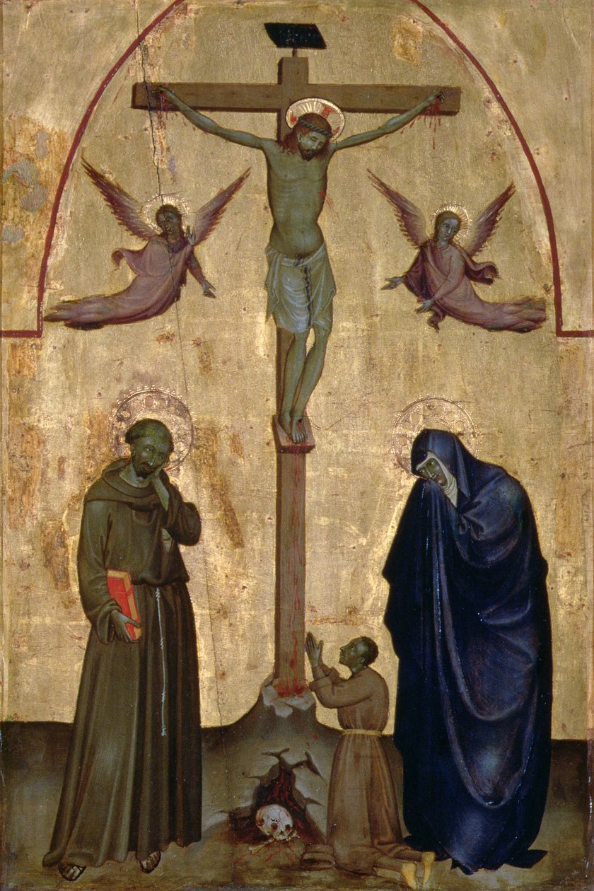 Korsfæstelse med St. Frans af Assisi og en donor (tempera på panel) af Italian School