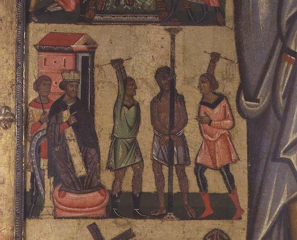 Korsfæstelse med lidenskabshistorier: detaljer, der viser Kristi flagelation, Lucca-skolen (tempera på panel) af Italian School