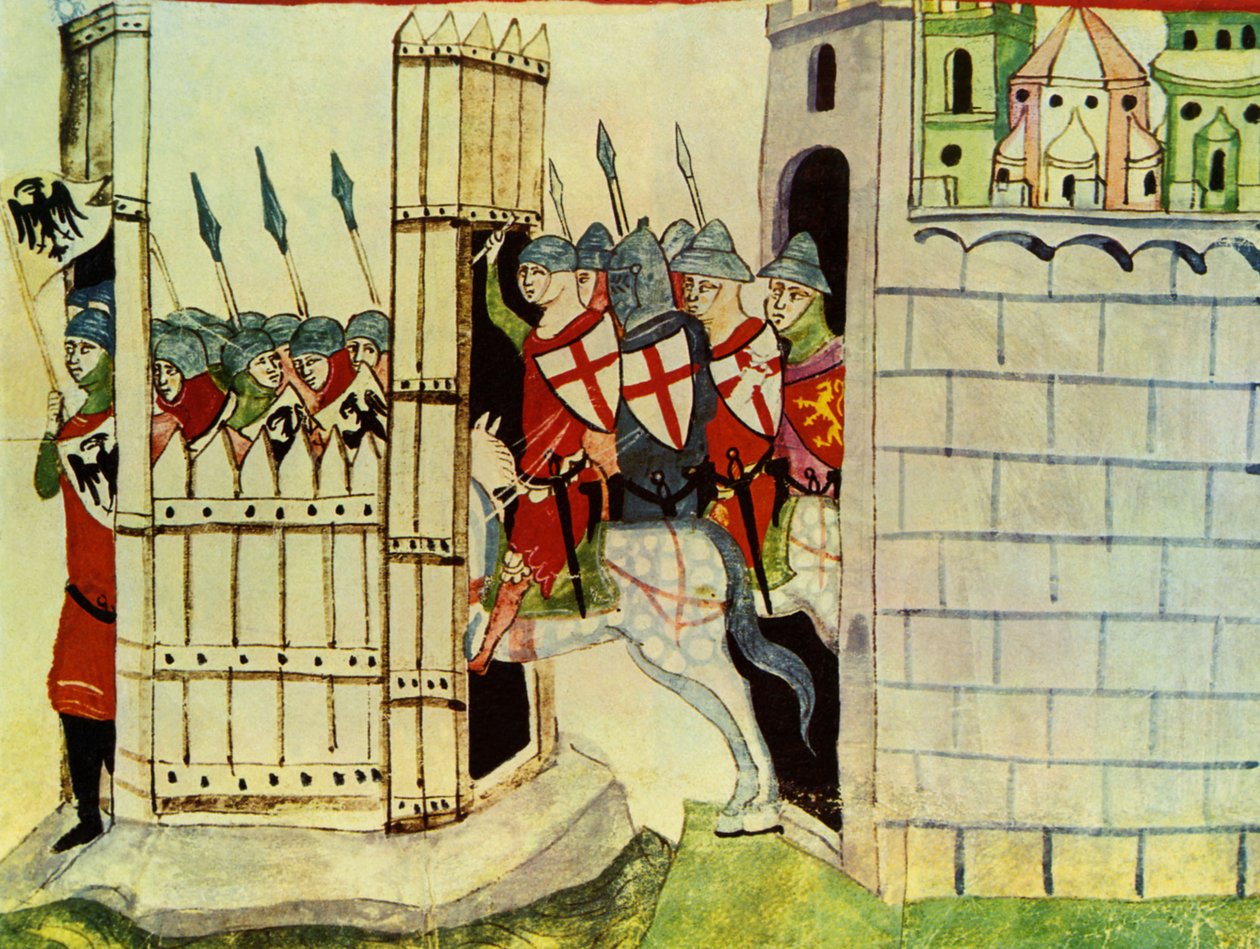 Crusaders, miniature fra Chronicles af Giovanni Villani, 1300-tallet af Italian School