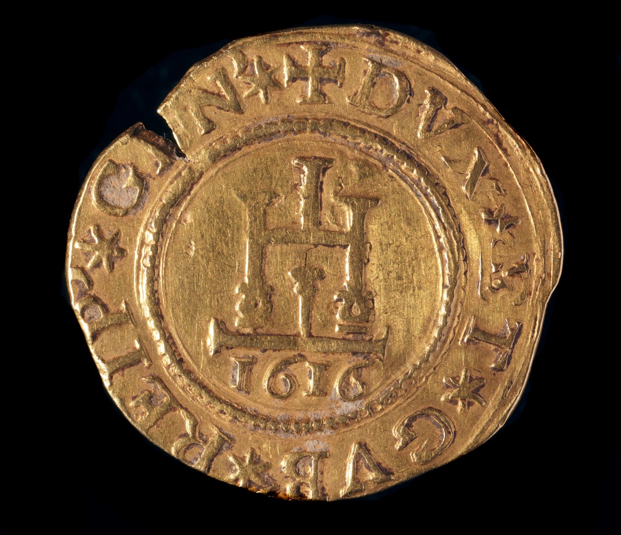 Republikkens geners valuta: en guldquadrupla med en Genova-portal. Diameter 32 mm. 1616. foran. Genes Musei di Strada Nuova af Italian School