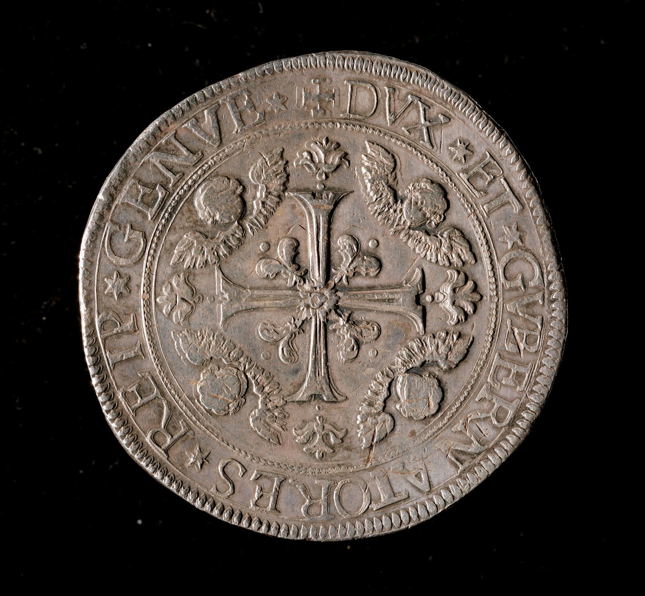 Republikken Genes valuta: fem ecu sølvmønt. Diam. 61 mm. 1693. Forside. Genes Musei di Strada Nuova af Italian School