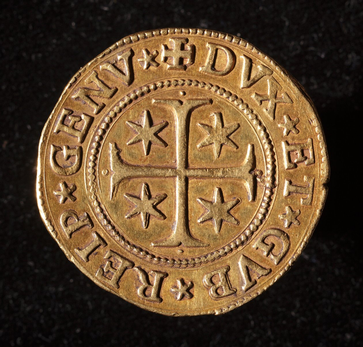 Republikken Genes valuta: dobbeltmønt med fem guld. Diameter 41 mm. 1642. Forside. Strada Nuovas genermuseer af Italian School