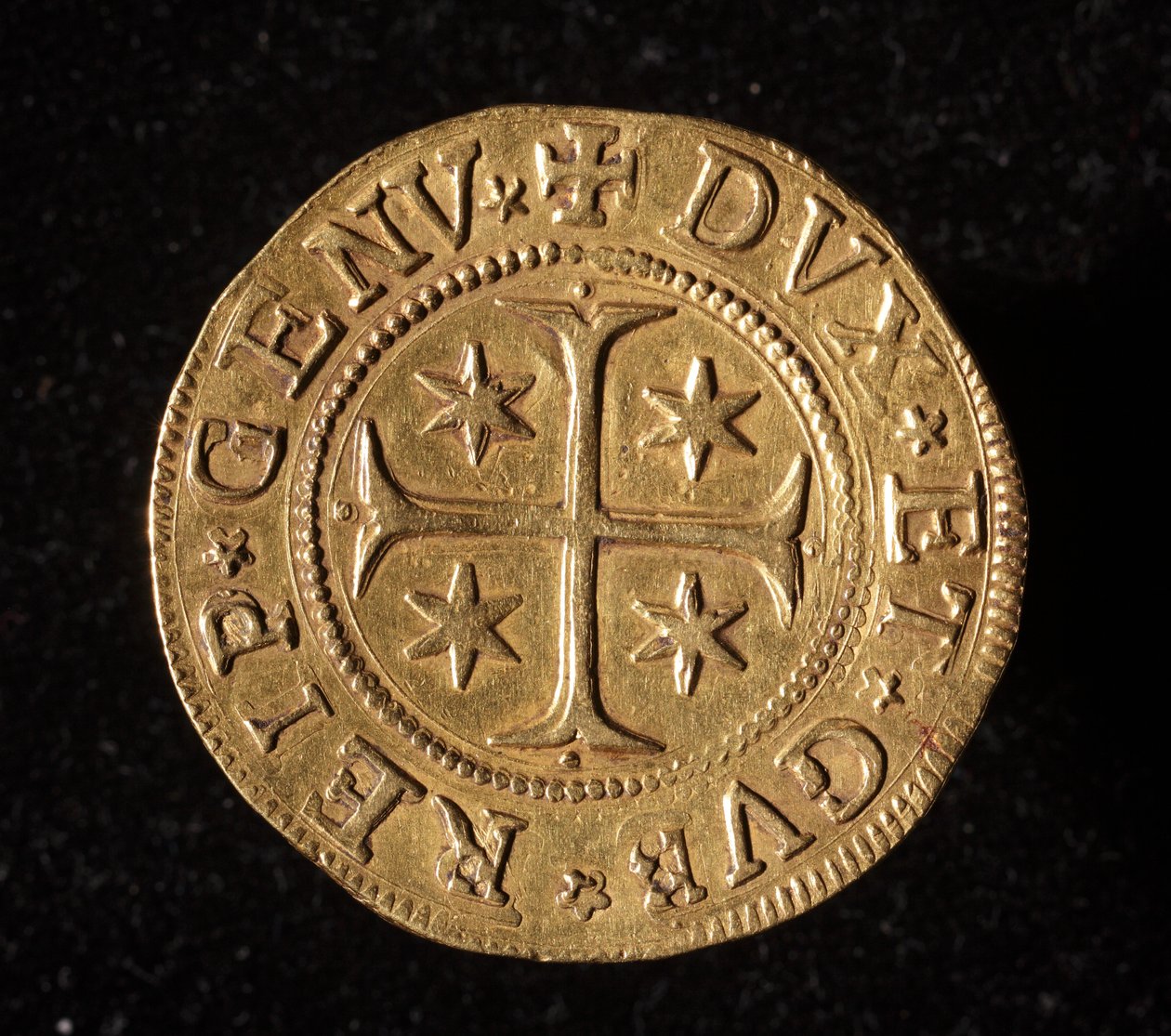Republikken Genes valuta: dobbeltmønt med fem guld. Diameter 41 mm. 1652. Forside. Strada Nuovas genermuseer af Italian School