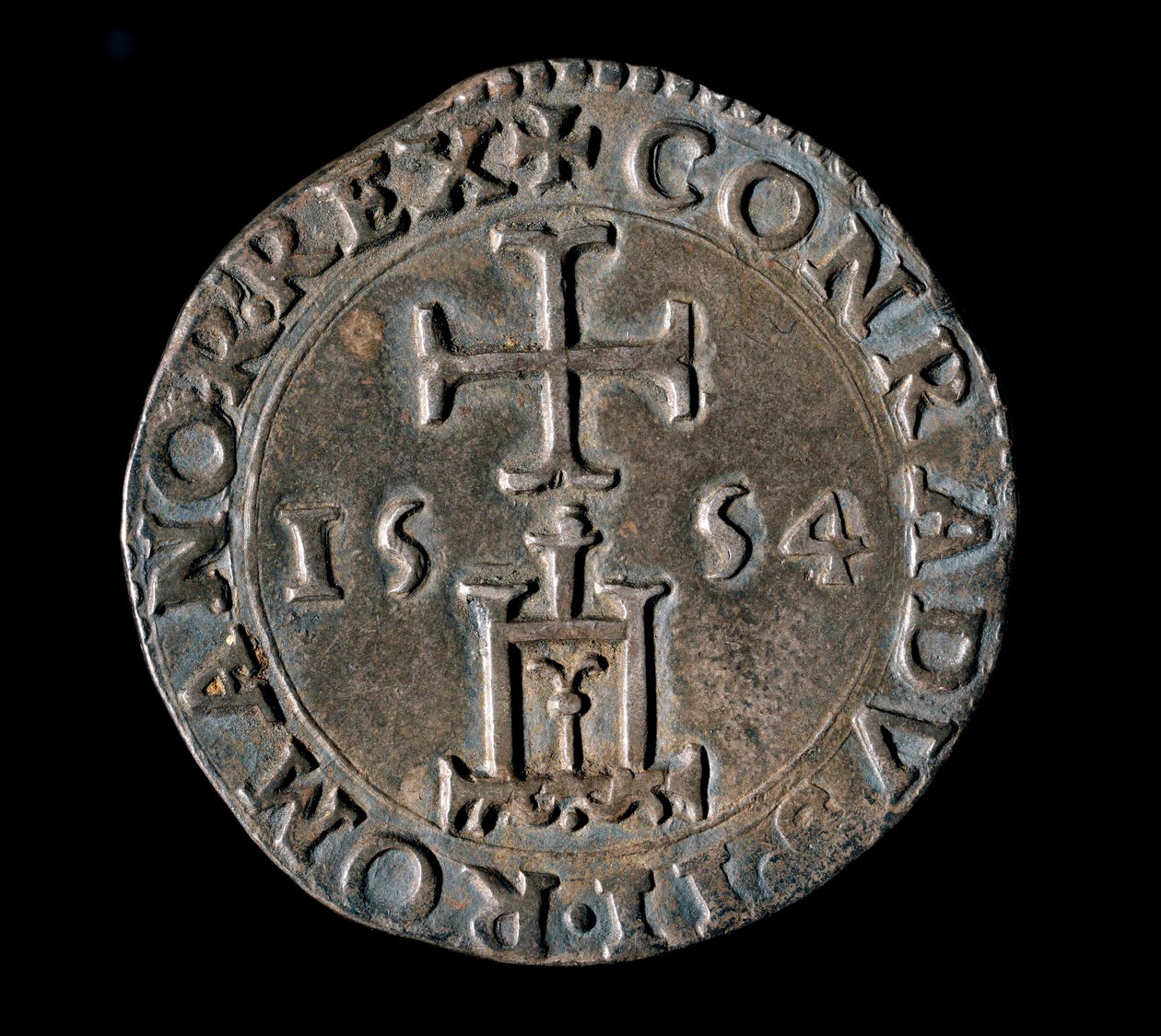 Republikkens geners valuta: sølvteston (eller testen) fra velsignelsen. Front repræsenterer Genova-portalen under et kors. 1554 Genes, Musei di Strada Nuova af Italian School