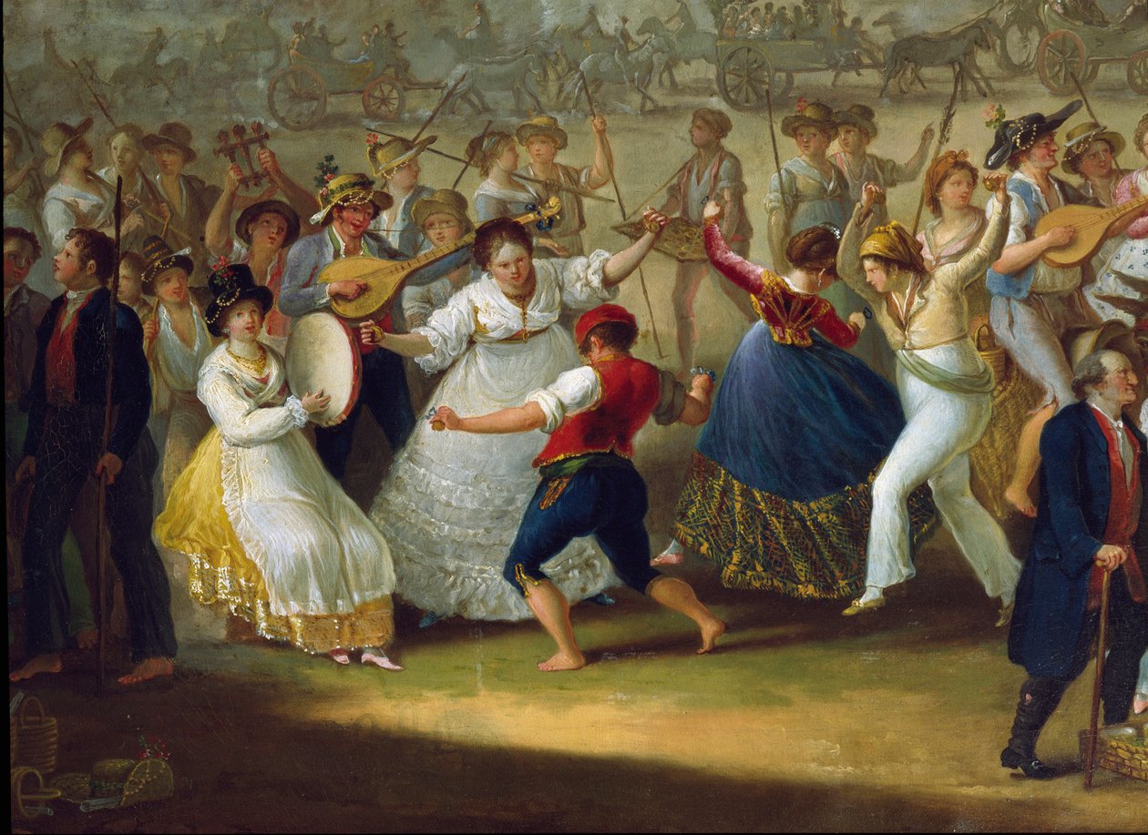 Dansescene og populær fest i Napoli Dansere af tarantella (tarantella, tarantella). Anonymt maleri. Napoli fra det 18. århundrede, San Martinos nationalmuseum af Italian School