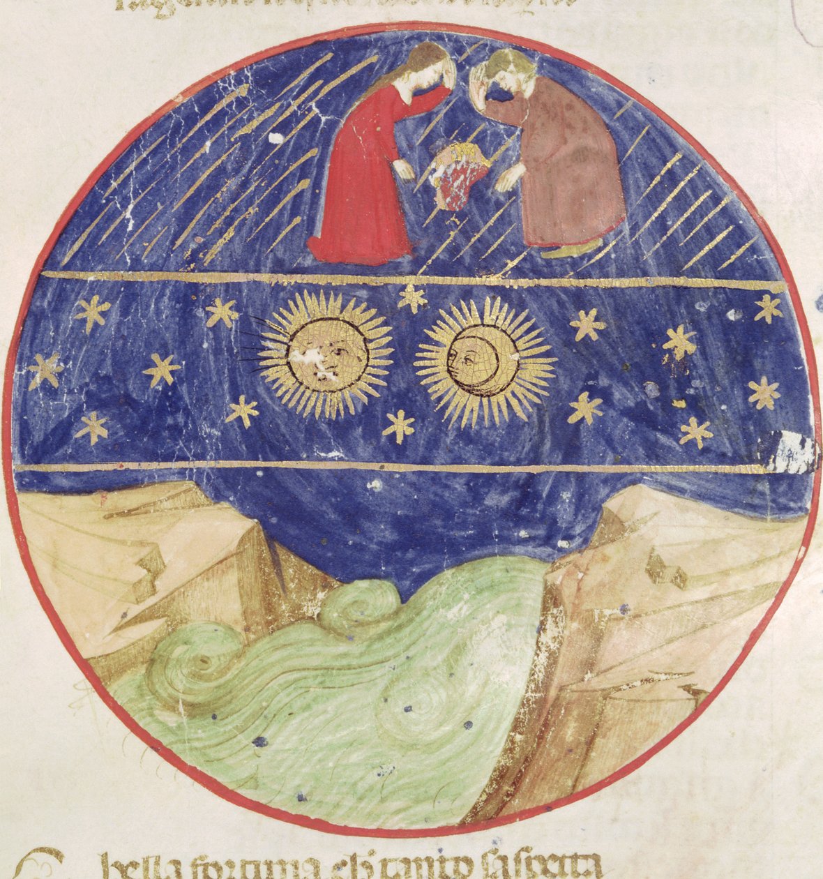 Dante og Beatrice overvejer Tvillingernes tegn, planeterne og jorden, fra Divina Commedia af Dante Alighieri (1265-1321) af Italian School