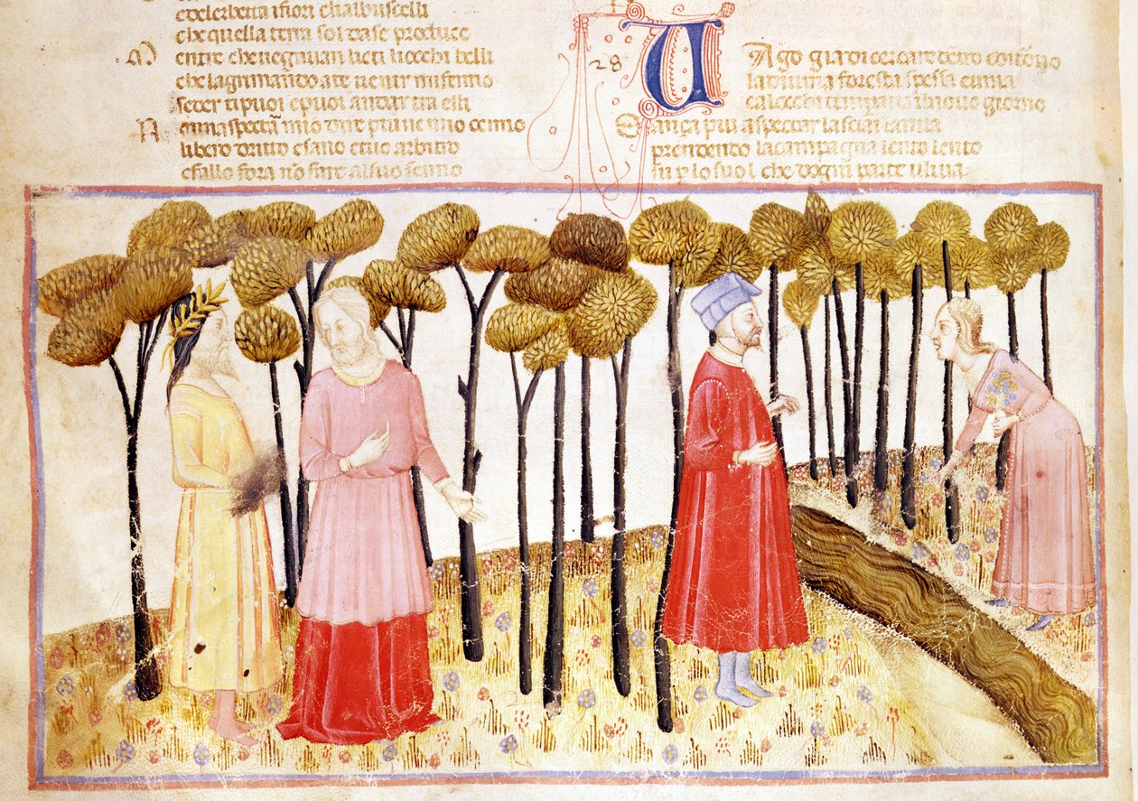 Dante og Virgil (70-19 f.Kr.) ved skærsildens topmøde, fra Den guddommelige komedie af Dante Alighieri (1265-1321) af Italian School