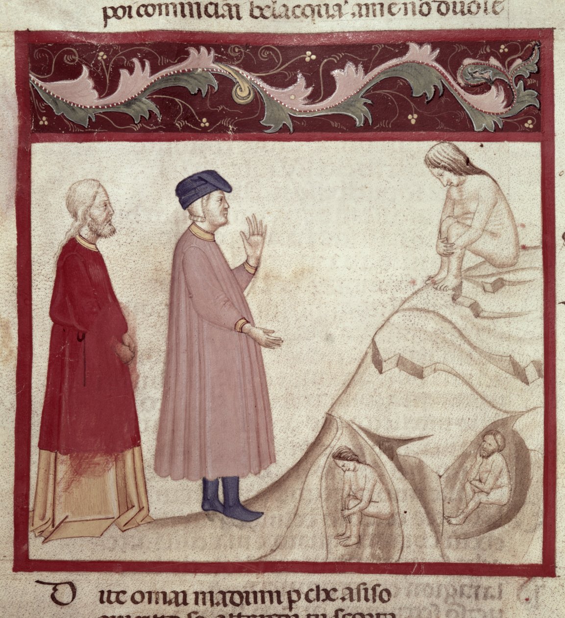 Dante og Virgil (70-19 f.Kr.) møder sjælene, der er fængslet i klipperne, fra Den guddommelige komedie af Dante Alighieri (1265-1321) af Italian School