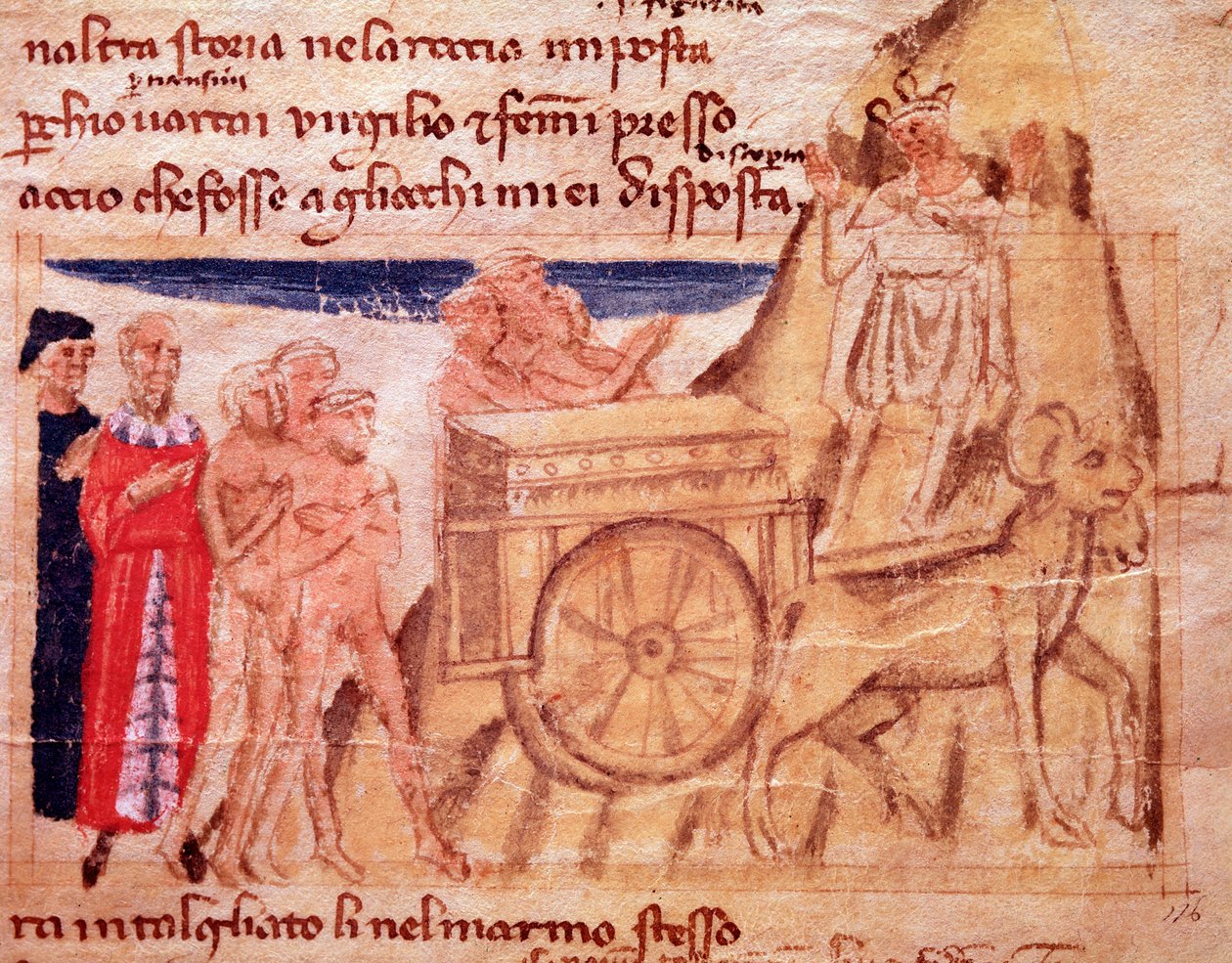 Dante og Virgil og vognen og okserne, der trækker arken (sang X fra skærsilden, i den guddommelige komedie) - miniature af Italian School