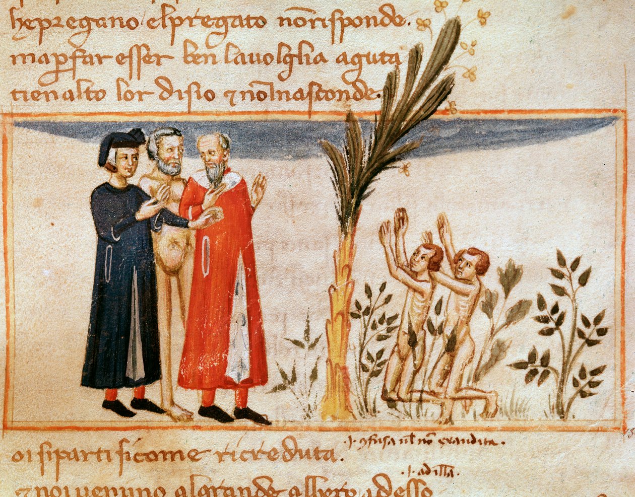 Dante og Virgil møder Forese de Donati med det frådsende (sang 23 fra skærsilden, i den guddommelige komedie) - Minature af Italian School