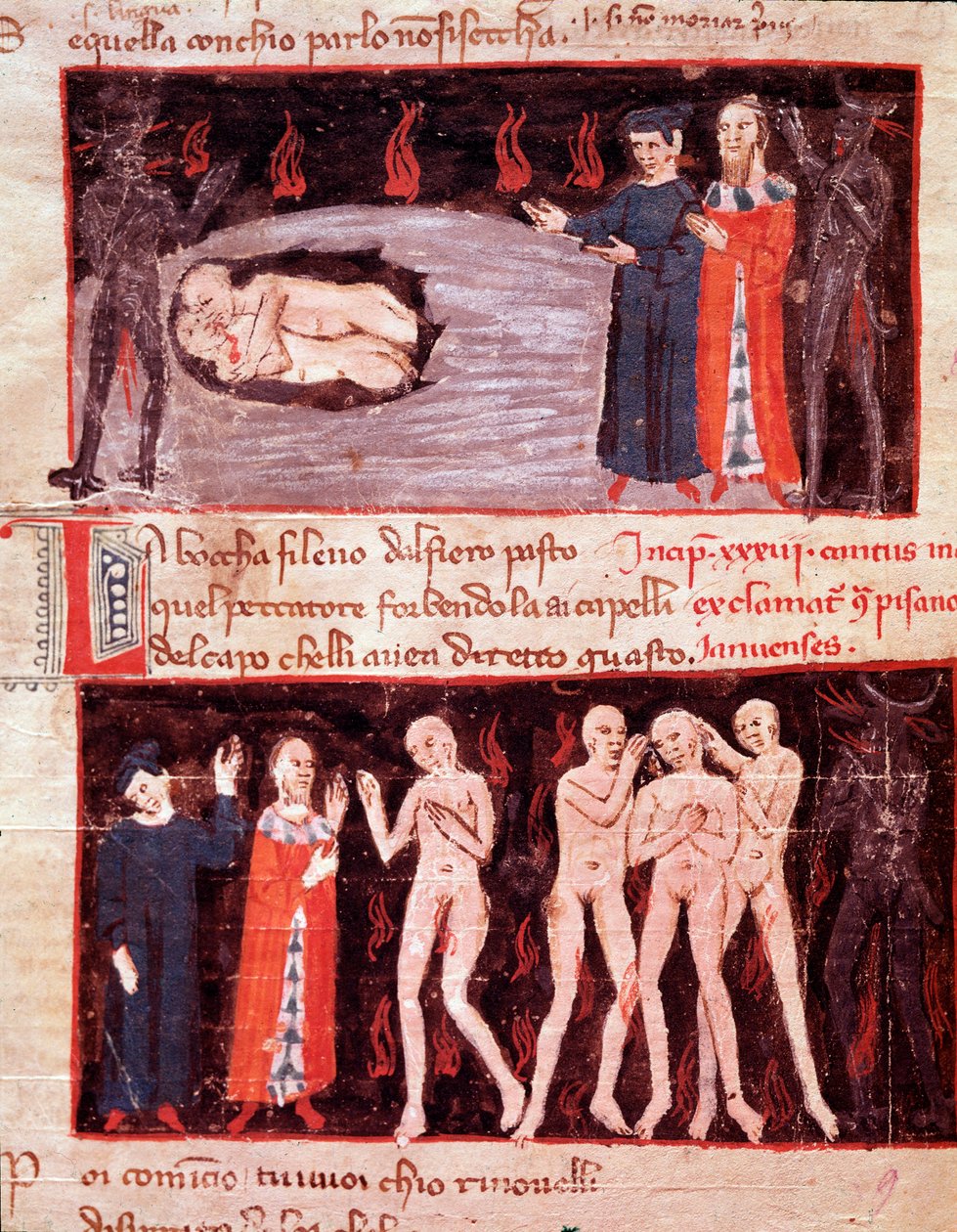 Dante og Virgil møder Ugolino, forræder (sang 23 fra Hell in the Divine Comedy) miniature af Italian School