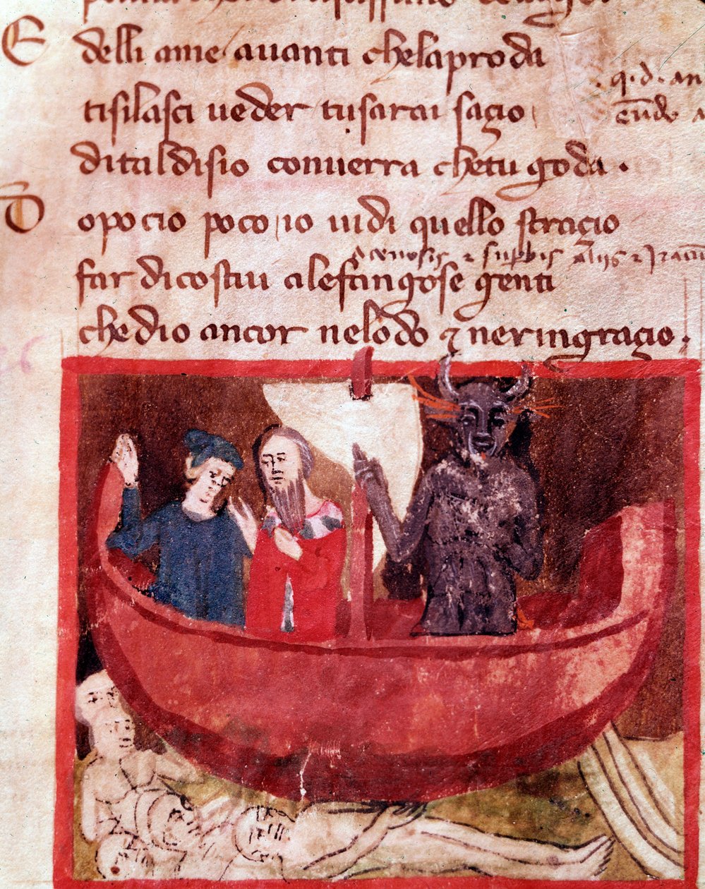 Dante og Virgil på Phlegyas-båden møder Filippo Argenti (sang 8 fra helvede, i den guddommelige komedie) - miniature af Italian School