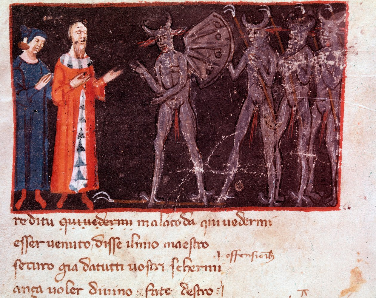 Dante og Virgil taler med Malacoda, leder af Malebranche-eskadronerne (sang 21 fra Helvede, i den guddommelige komedie) - miniature af Italian School