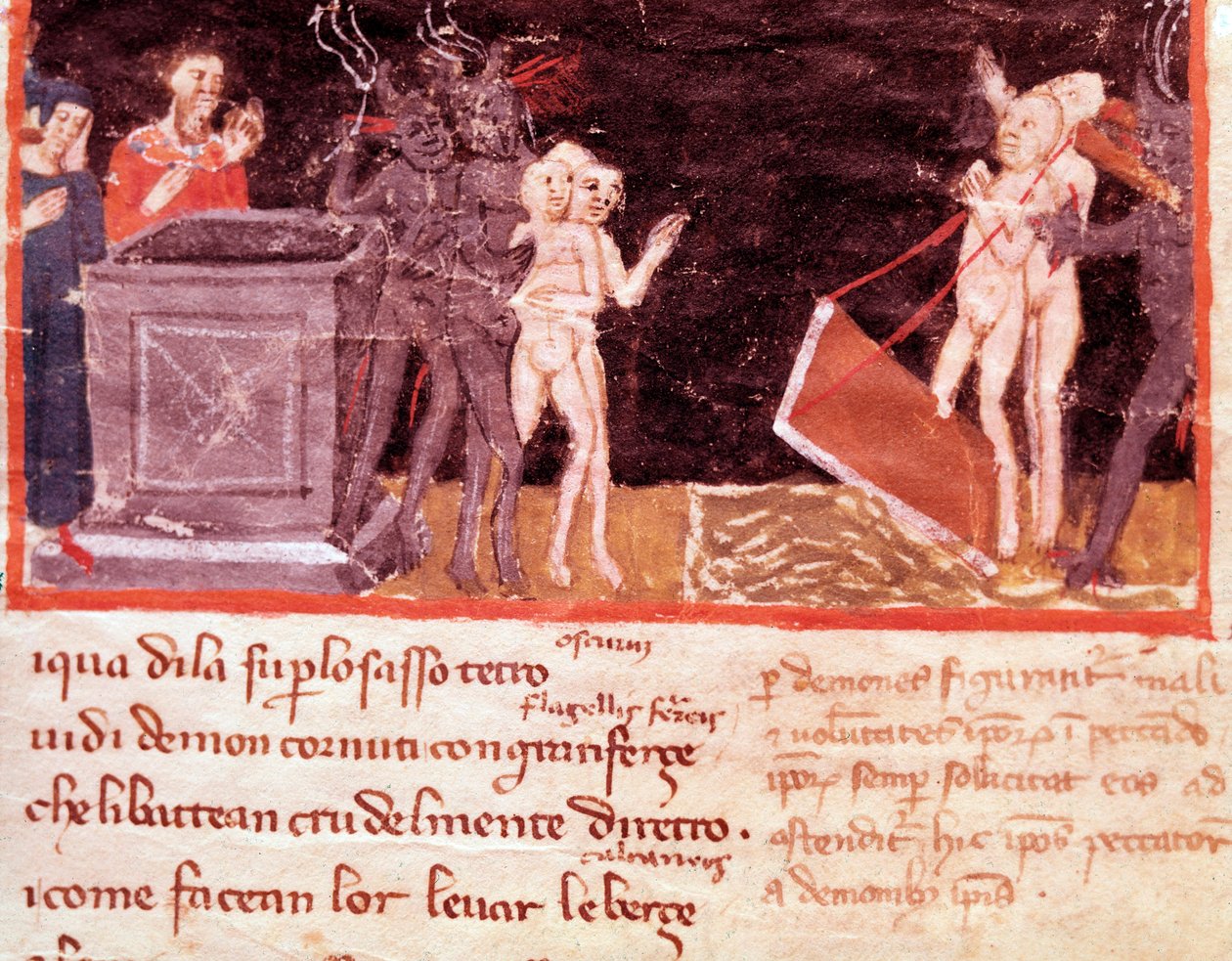 Dante og Virgil omgivet af alfonserne og forførerne (sang 18 fra Helvede, i den guddommelige komedie) - Miniature af Italian School