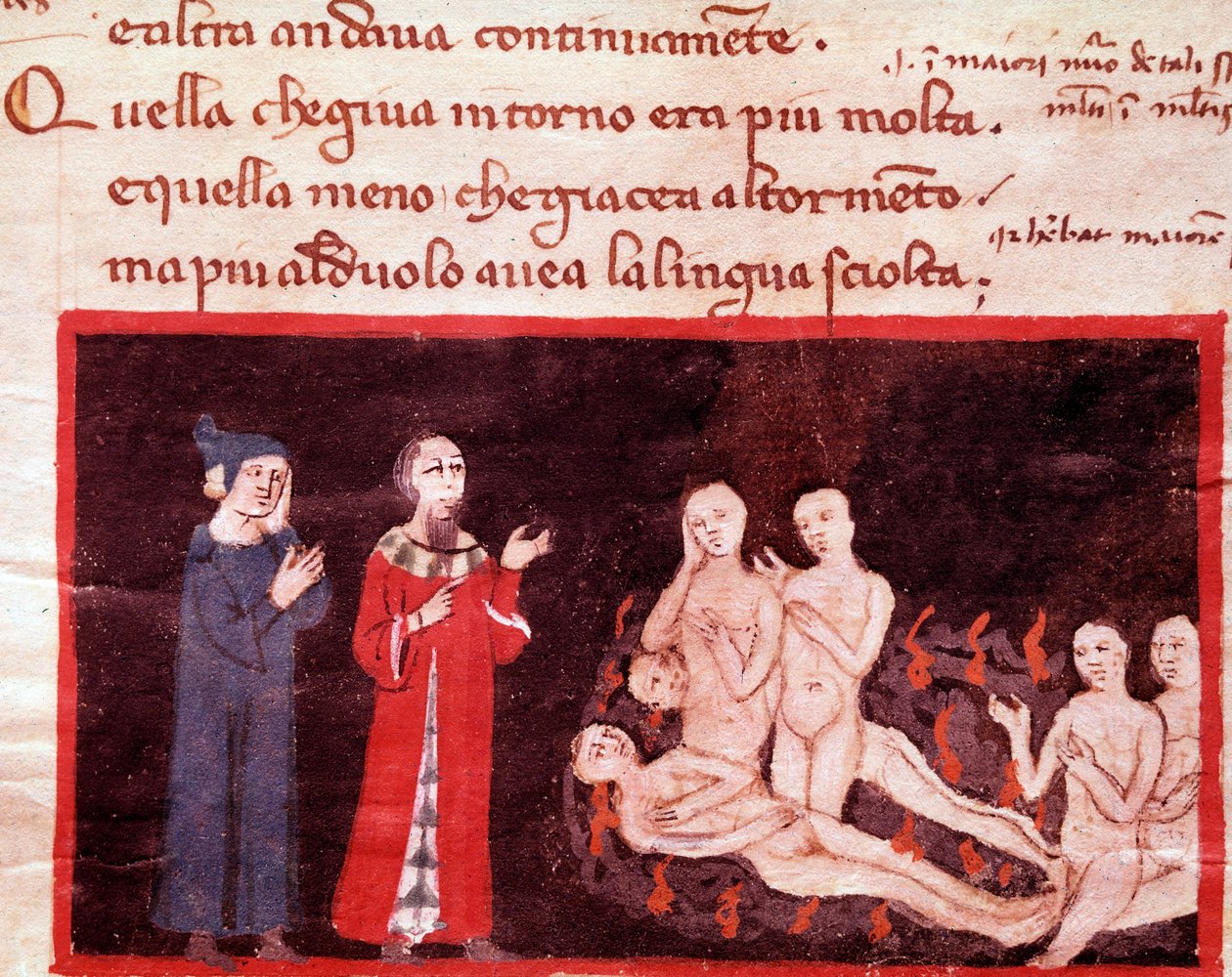 Dante et Virgil omgivet af de voldelige (sang 14 fra Helvede, i den guddommelige komedie) - miniature 1300-tallet af Italian School