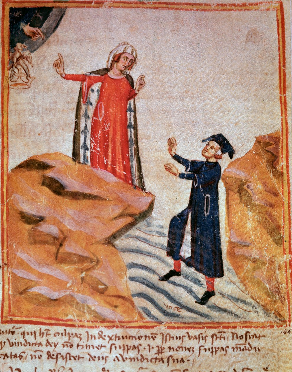 Dante møder Mathelda på Lethes bred (sang 28 fra skærsilden, i den guddommelige komedie) - Minature af Italian School