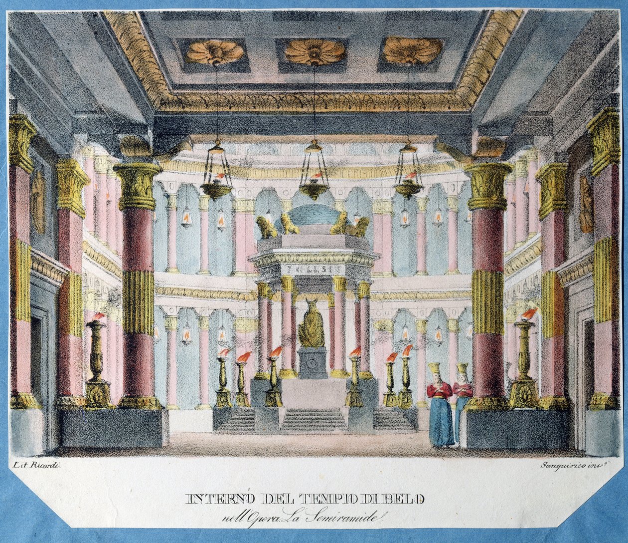 Dekor til operaen La Semiramide af Christoph Gluck (1714-1787) (Scenedesign til operaen La Semiramide af Ch. Gluck). Litografi i farver, anonym, ca. 1790. Italiensk kunst, teaterdekor. Statens museum for teater og musikkunst, Sankt Petersborg. af Italian School