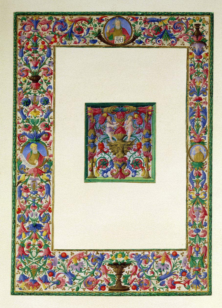 Dekorativ kant med Gud Faderen og to profeter og et historisk initialt T med en sirene og to putti, 15.-16. århundrede af Italian School