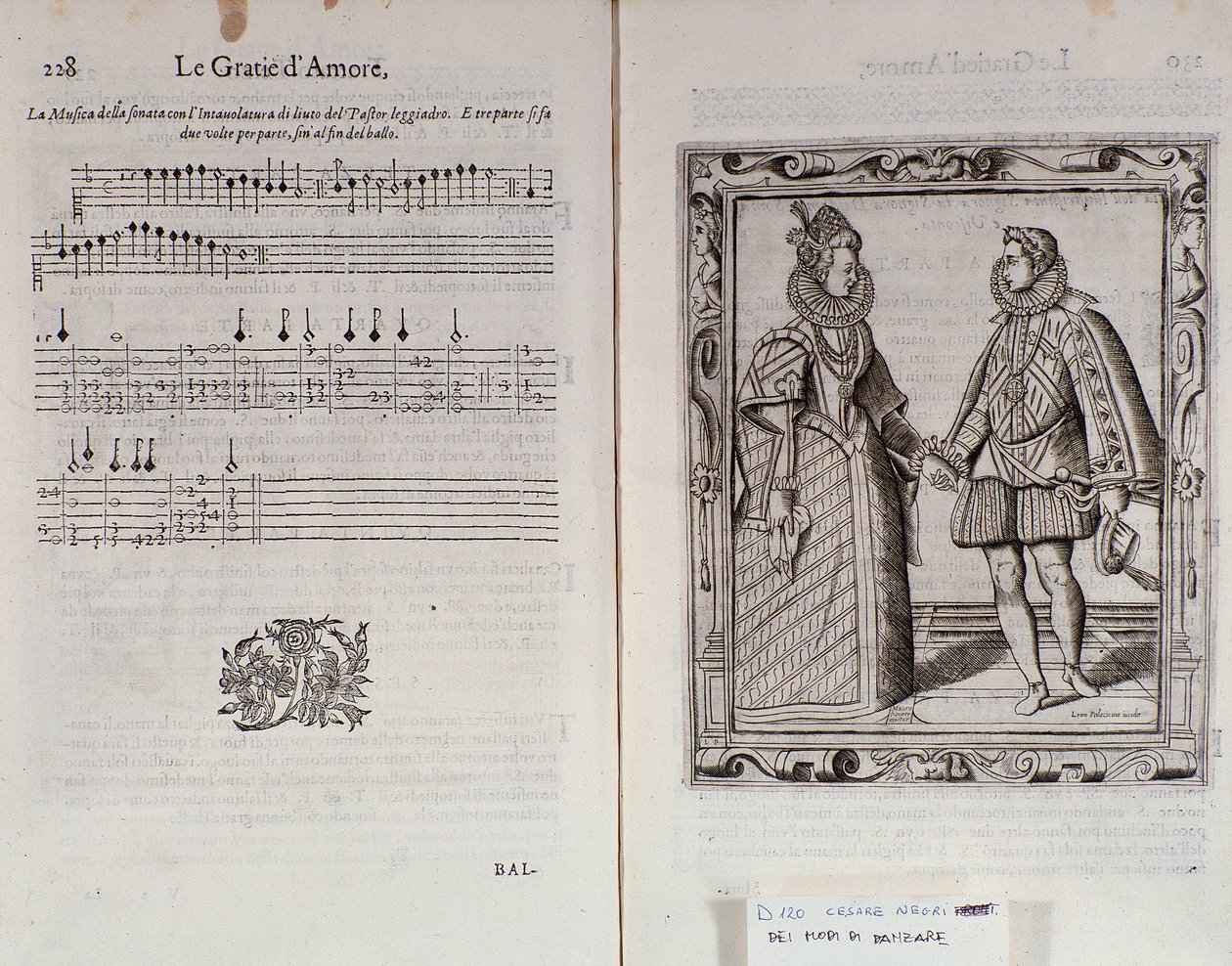 Beskrivelse af ballet for to Dobbeltside af Le Gratie dAmore (Le Grazie dAmore) af den italienske danser Cesare Negri kaldet Il Trombone (1536-1604), traktat om dans af Italian School