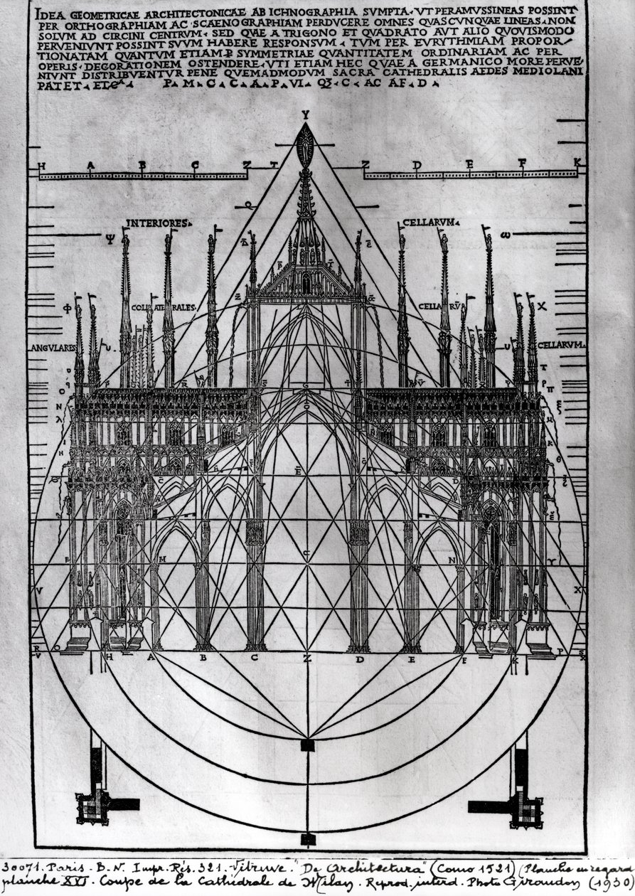 Design til katedralen i Milano, illustration fra De Architectura af Vitruvius, Como, 1521 af Italian School