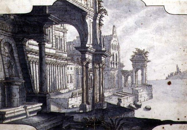 Design til et scenesæt, ca. 1750 (pen & blæk og akvarel på papir) af Italian School
