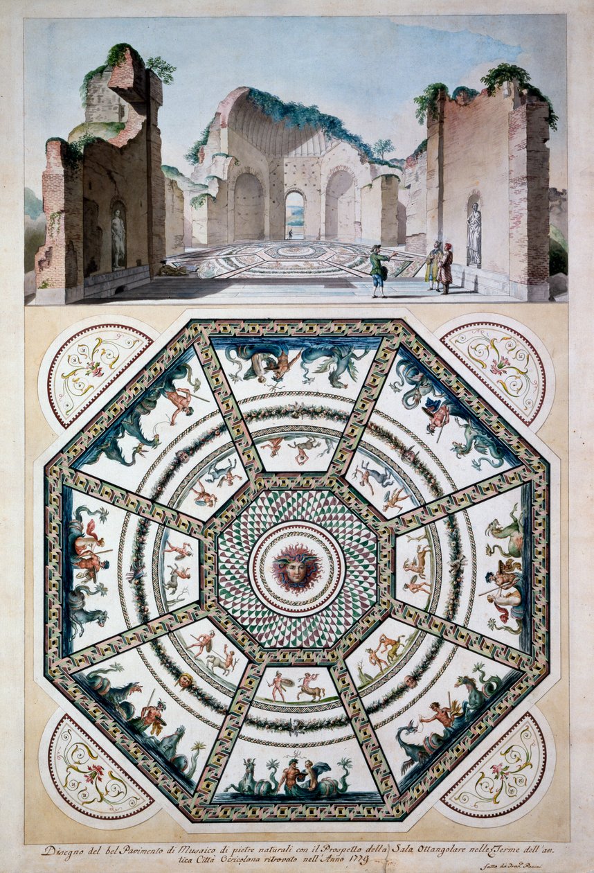 Design til et ottekantet mosaikgulv, 1779 (pen & blæk og wc på papir) af Italian School