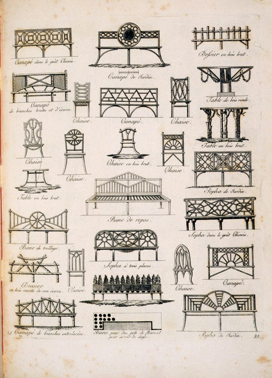 Design til havesæder, fra A Compendium of Drawings, af J.G. Grohmann, udgivet 1805 af Italian School
