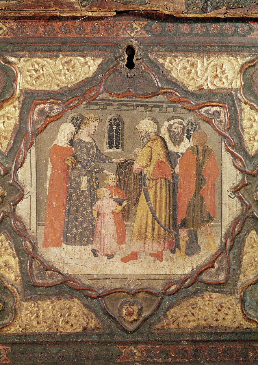Detalje af en cassone, der viser historien om Saladin og Torello fra Istrien, af Giovanni Boccaccio (tempera på panel) (se også 444280-81) af Italian School