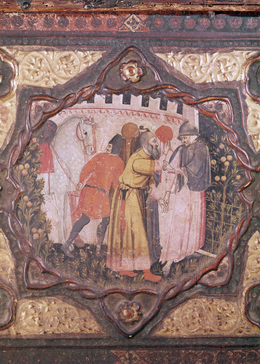 Detalje af en cassone, der viser historien om Saladin og Torello fra Istrien, af Giovanni Boccaccio (tempera på panel) (se også 444281-82) af Italian School
