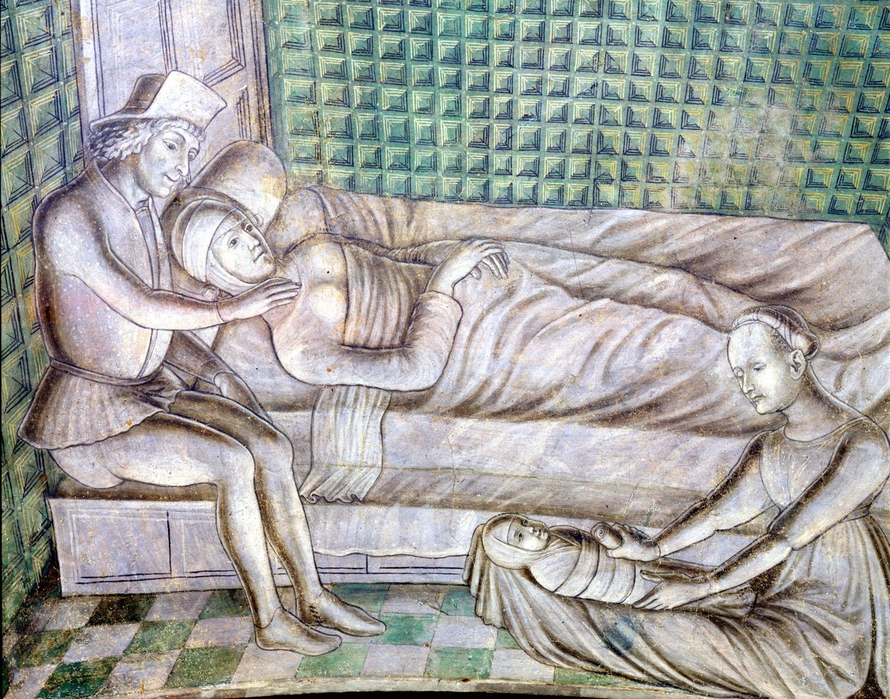 Detalje af en fresko af slottet Roccabianca i Parma fra 1480, i dag på Castello Sforzesco i Milano. Den repræsenterer historien om Griselda, taget fra en novelle fra Giovanni Boccacios "Decameron" (1313 - 1375). (Grisélidis). Dette er stoen af Italian School
