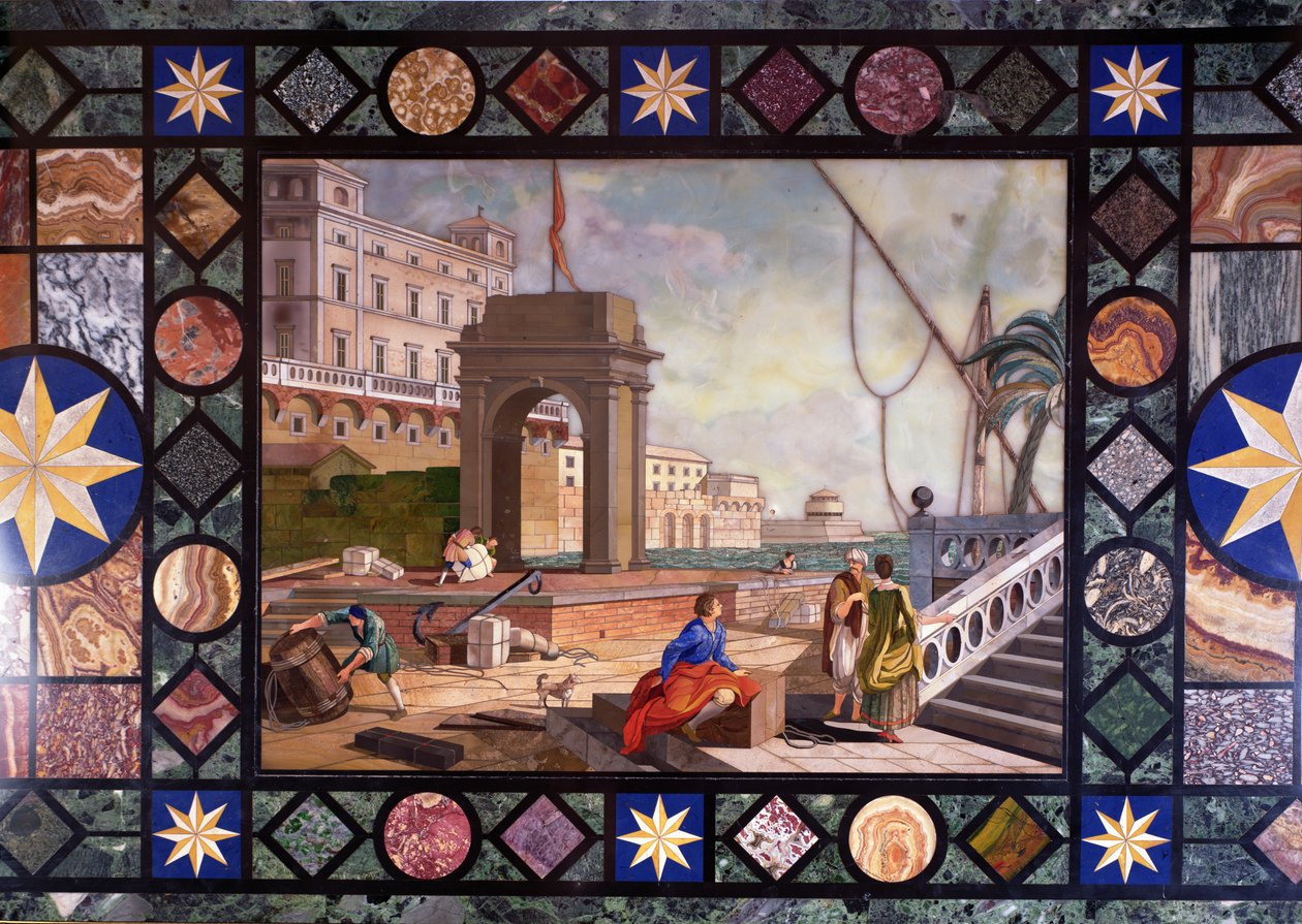 Detalje af en bordplade, der forestiller havnen i Livorno, efter et design af Antonio Ciocci af Italian School