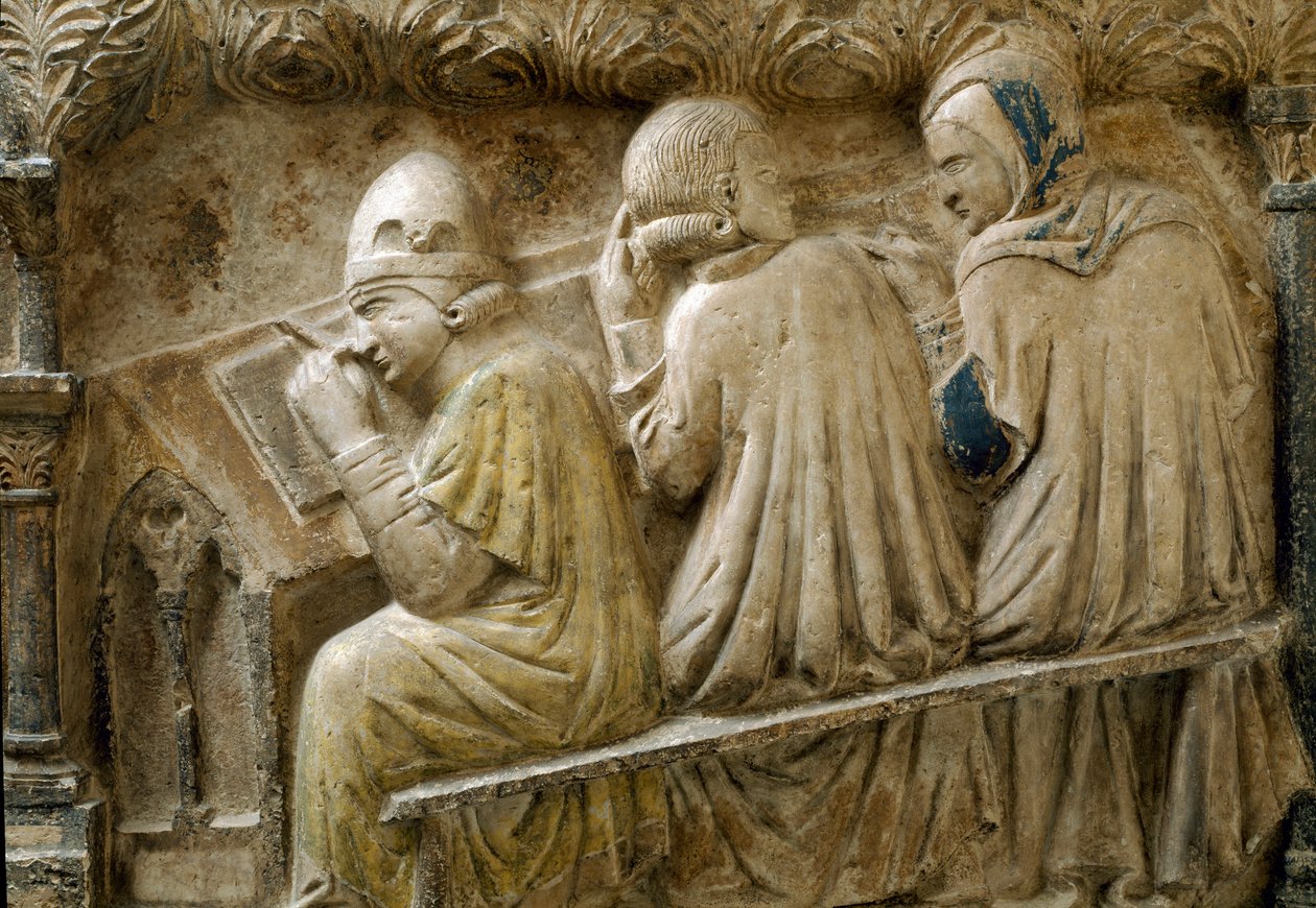 Detalje, der repræsenterer elever, der følger Bonifacio Galluzzis forløb (Grave slab, ca. 1346) af Italian School