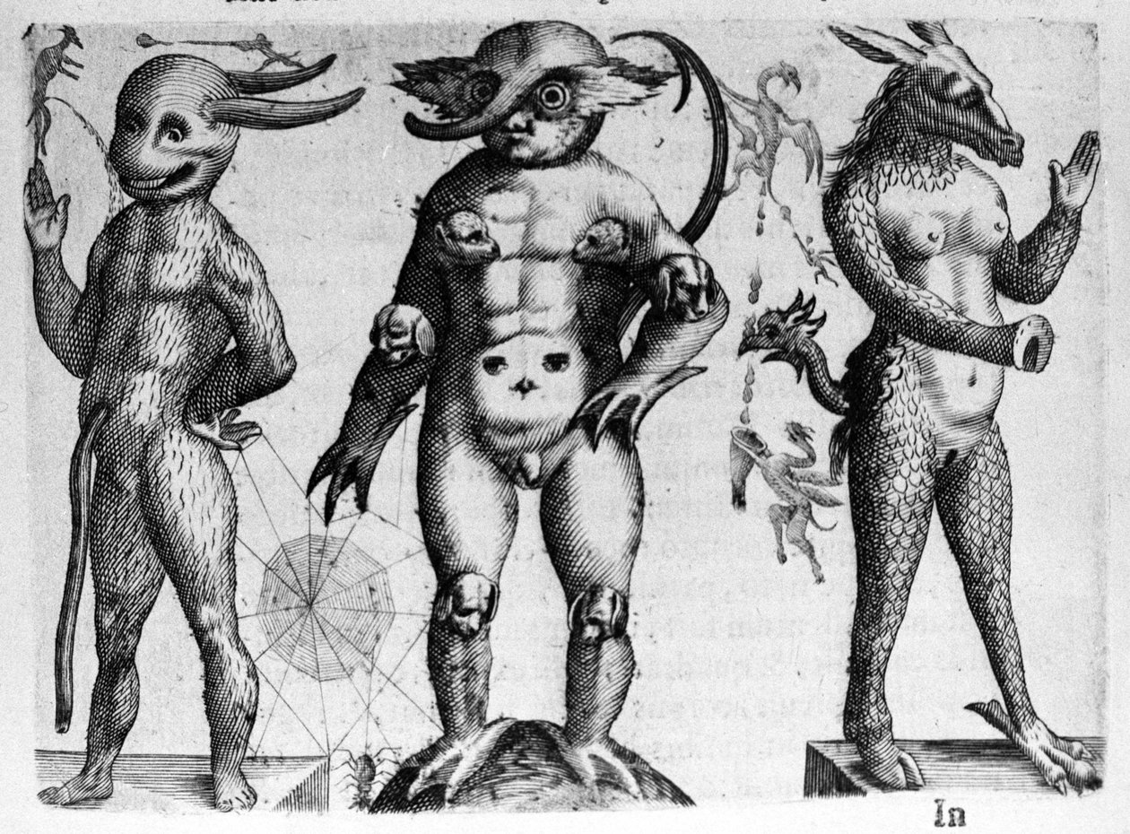Forskellige typer menneskelige monstre med halvt menneske, halvt dyrekroppe. Indgravering fra "Monstrenes natur, årsager og forskelle" af Fortunio Liceti (1577-1656), italiensk videnskabsmand. 1646 af Italian School