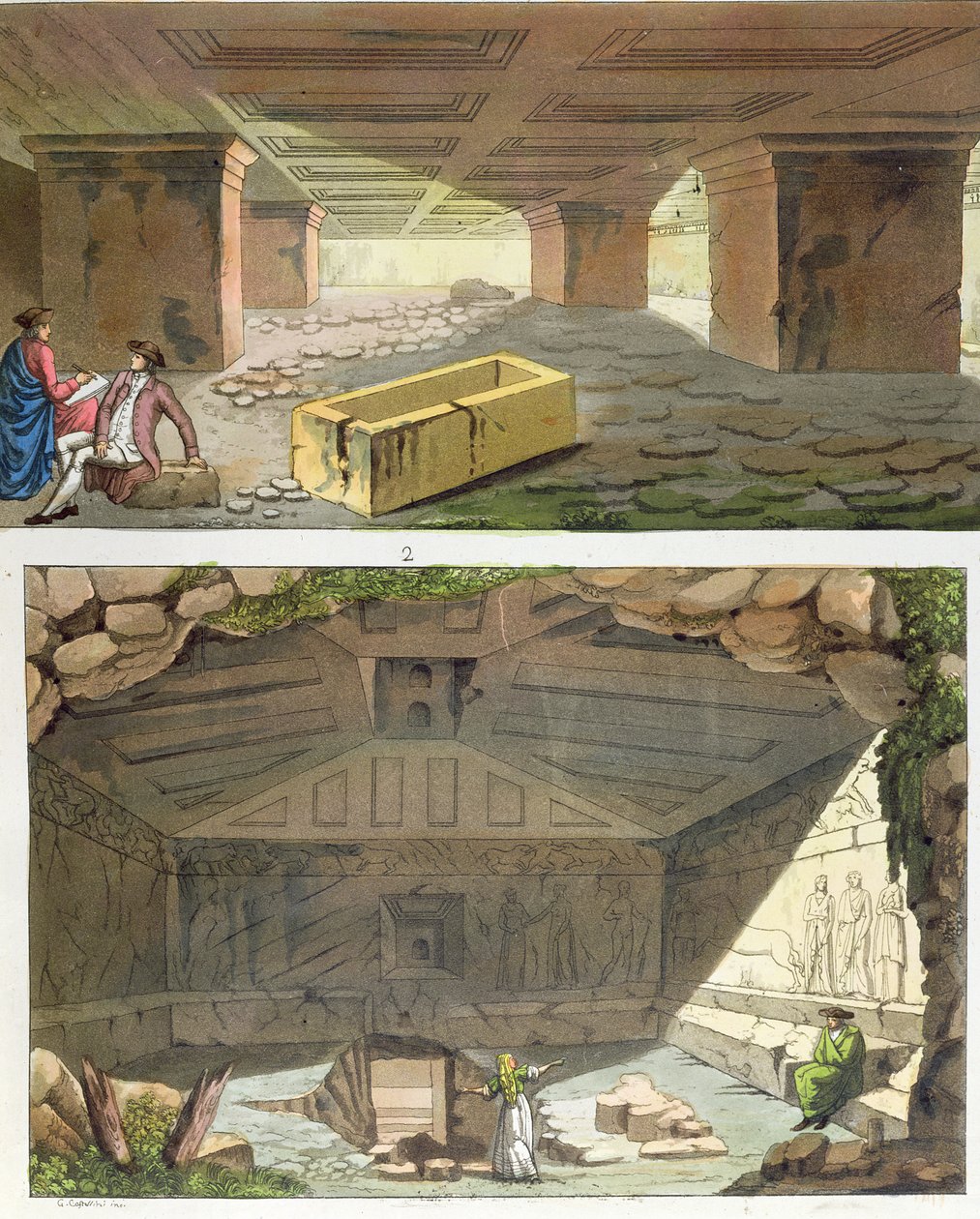 Opdagelse af etruskiske grave, ca. 1820 (farvegravering) af Italian School