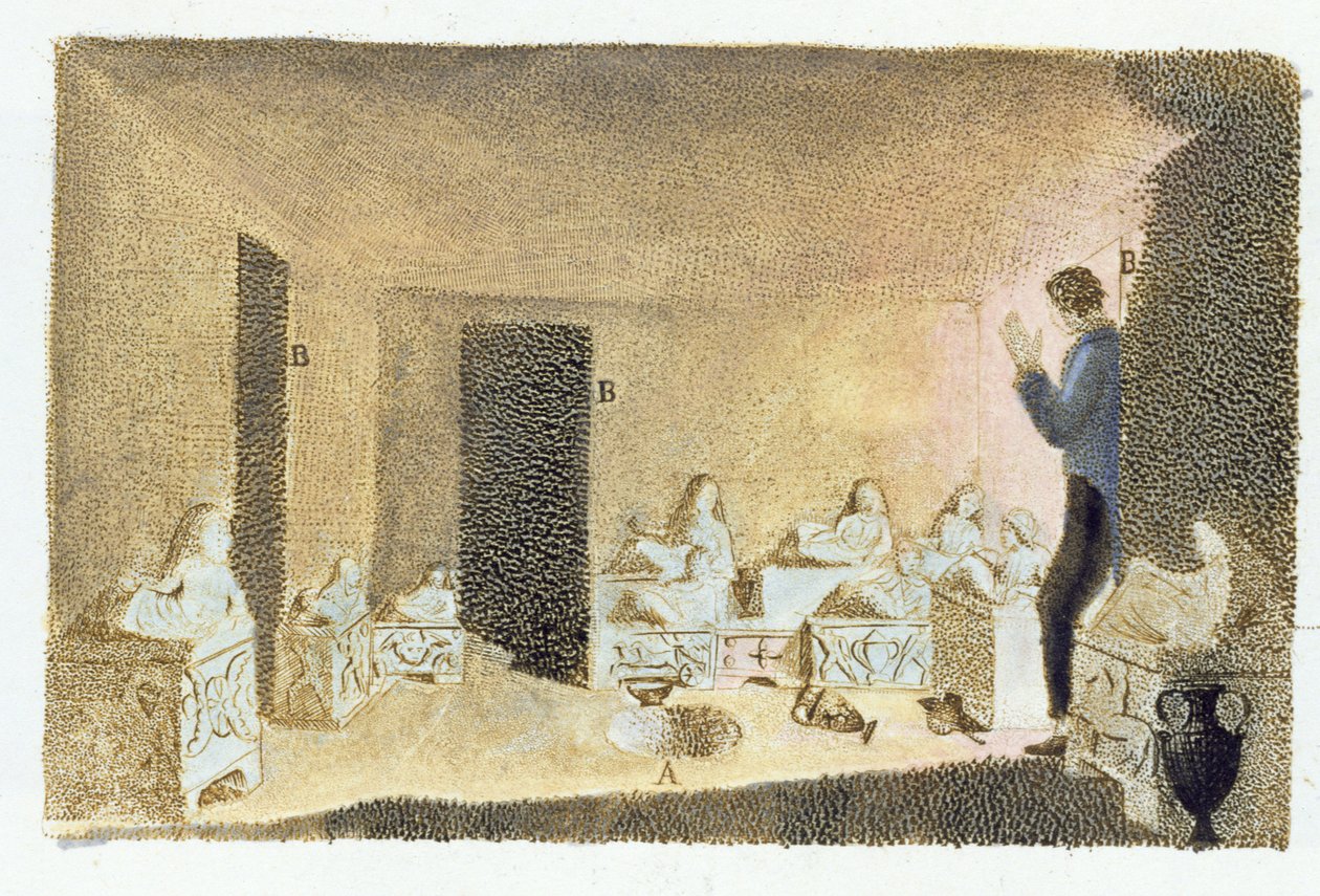 Opdagelse af etruskiske grave. illustration fra Monumenti Etruschi af Francesco Inghirami (1772-1846), udgivet på Fiesole, 1825 (farvegravering) af Italian School