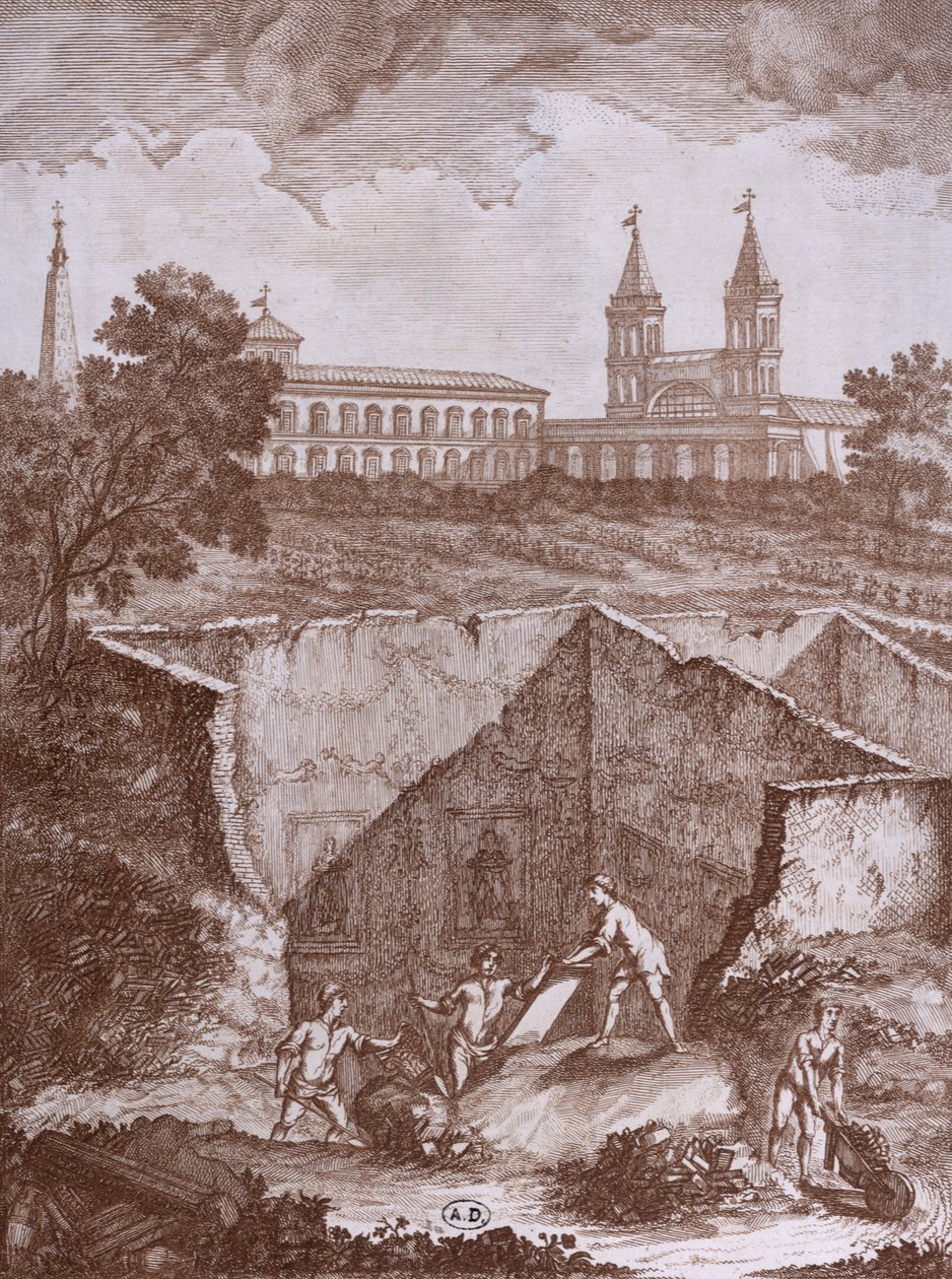 Opdagelse af et hus og fresker i Rom i 1780, illustration fra Peintures antiques retrouvees lors dune fouille en 1780, udgivet i Rom 1783 af Italian School