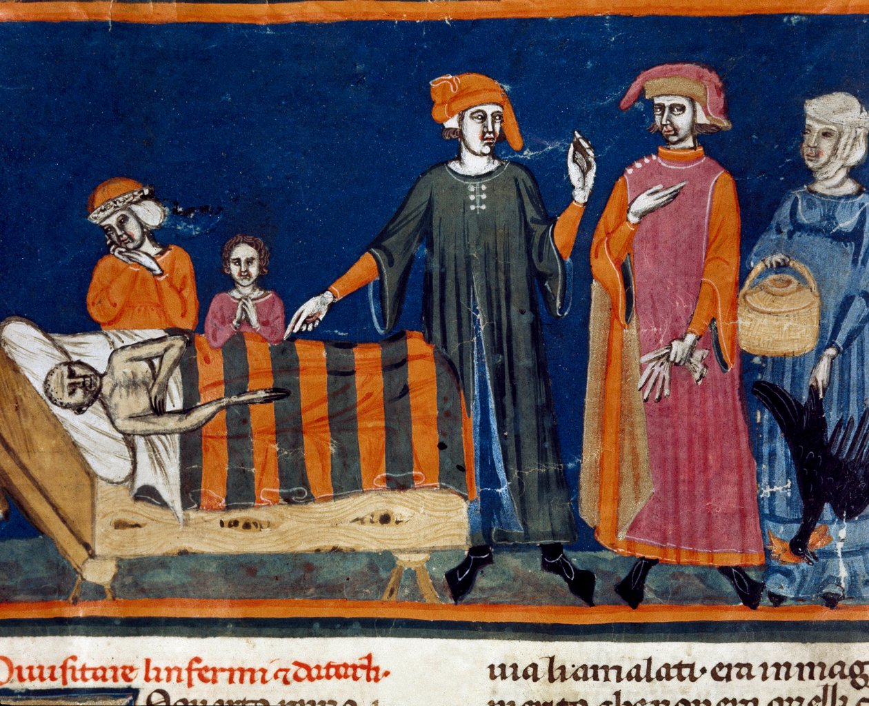 Lægger til ved sengen af en syg Miniature af den florentinske skole fra en forlængelsesudgave af "Pater noster" af Ser Zucchero Bencivenni (MS.II.VI 16) begyndelsen af det 14. århundrede Firenze, nationalbiblioteket af Italian School