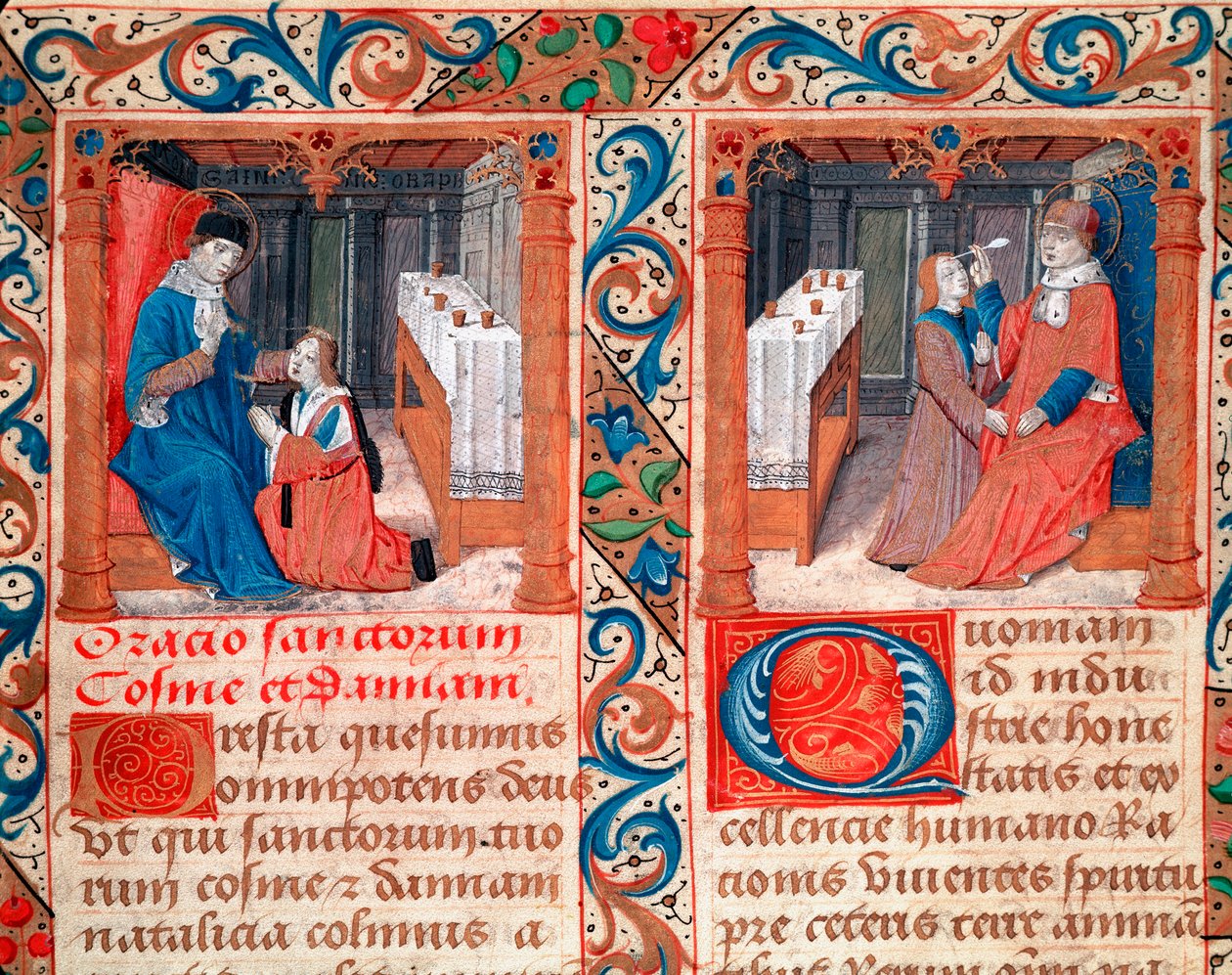 Læge, der opererer kraniet på en patient (LA trepanation du crane) Repræsentation af de hellige Cosimo (Kom eller Cosimo) og Damien, læger. Miniature fra manuskriptet "" Statuto della Confraternita dei Santi Cosma e Damiano"" Italiensk gotisk kunst fra det af Italian School