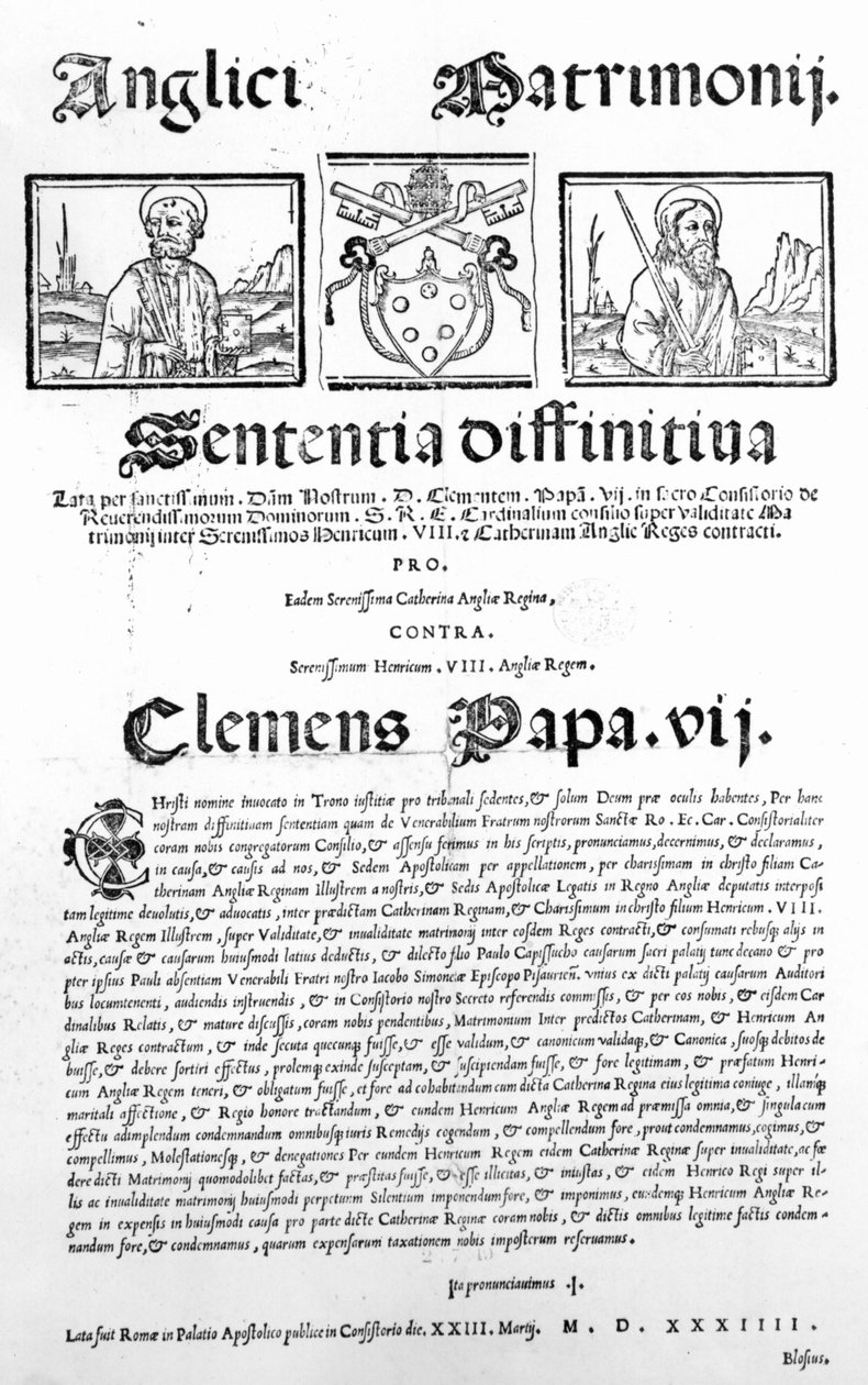 Dokument, der erklærer pavens dom om gyldigheden af ægteskabet mellem Henrik VIII og Catherine af Aragon, 1534 (tryk) af Italian School